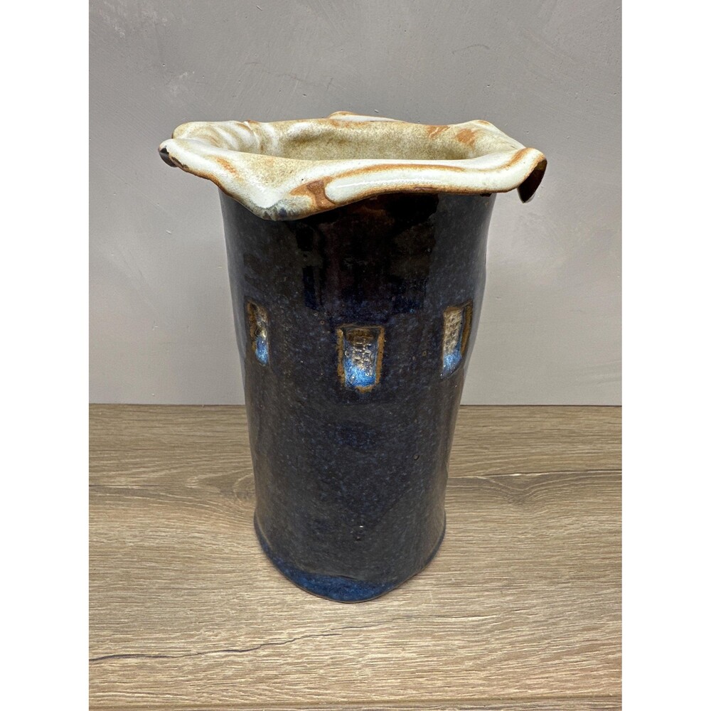 Vintage Studio Pottery Blue Glazed Vase Ruffle Lip Geometric Design 8x5.5